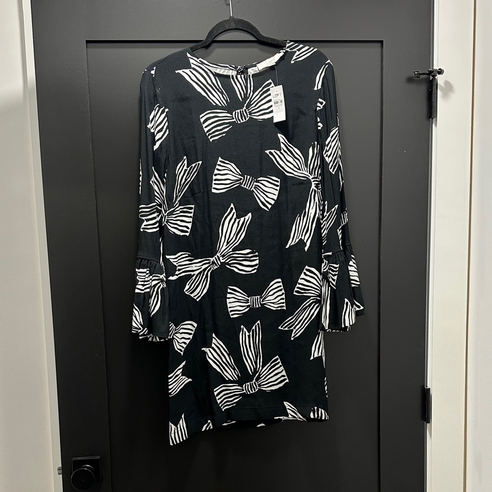 LOFT Black Shift Dress with White Bow Pattern
